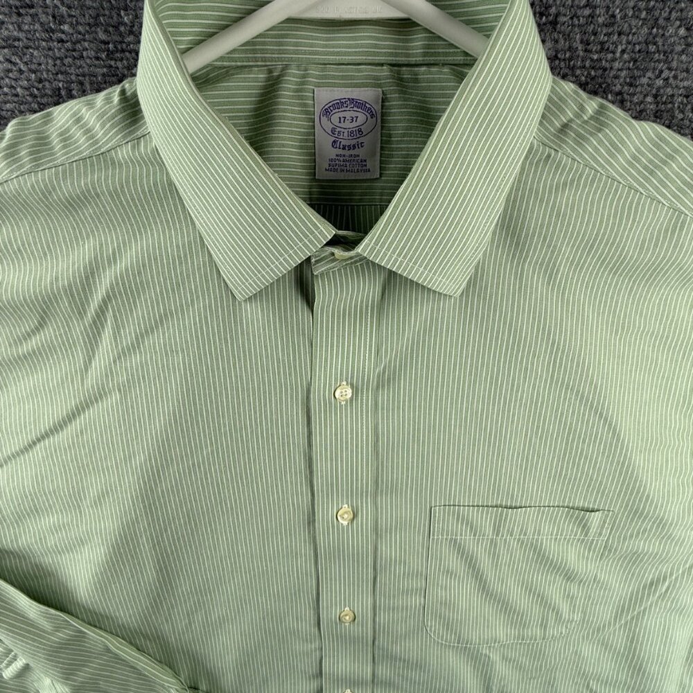 Brooks Brothers Striped Classic Non-Iron Point Green 17 37 Mens Button Up Shirt